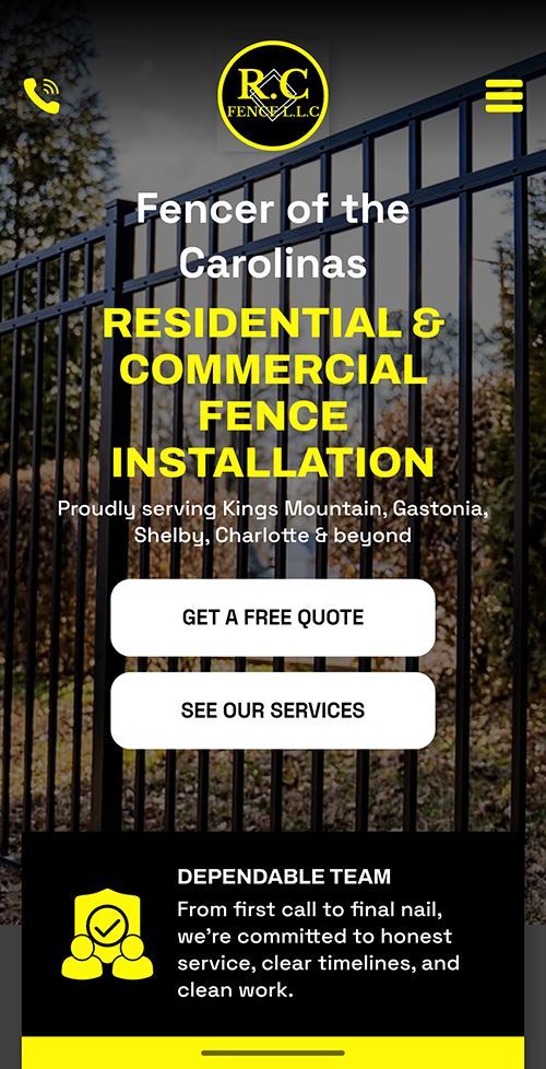 RC Fencing and Installations promo poster for residential and commercial fencing, with quote and services buttons