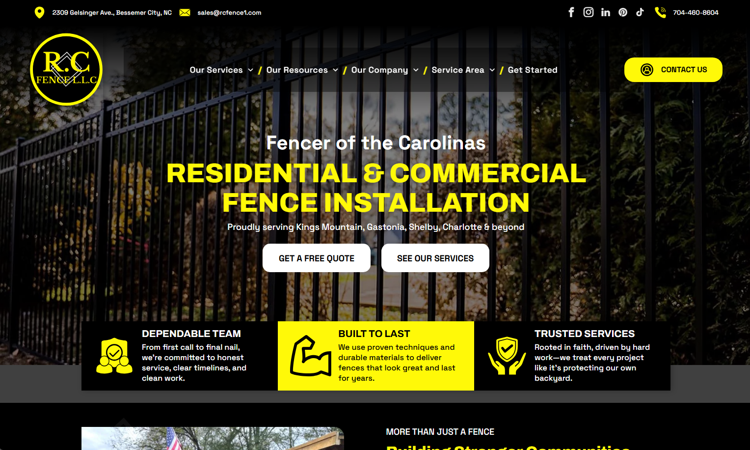 Website homepage for fence installation company with yellow text on dark background and service icons
