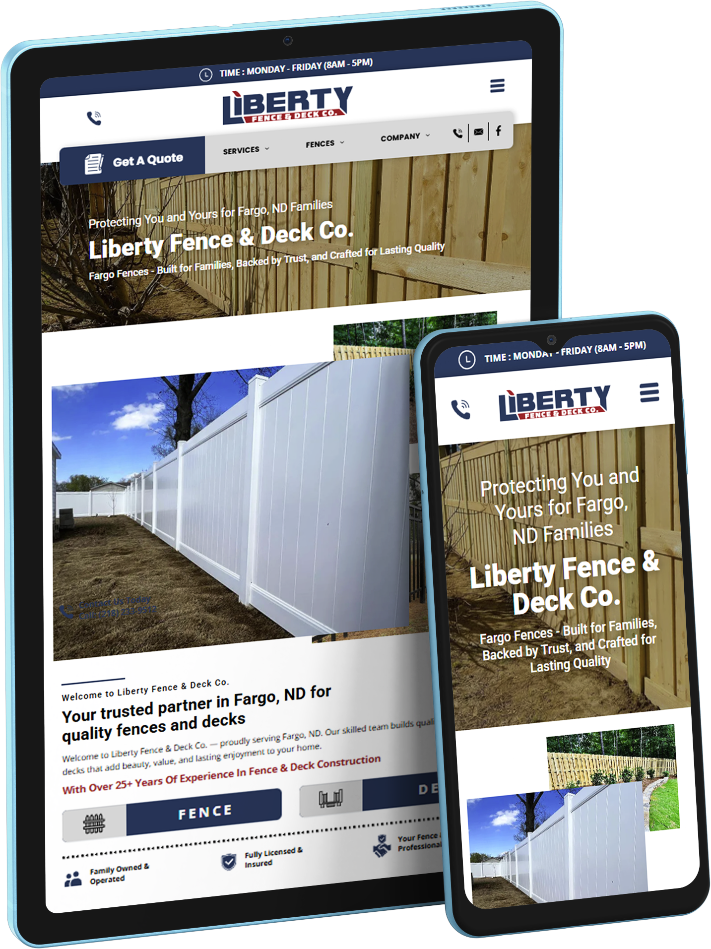 Liberty Fence & Deck Co. website shown on desktop and mobile screens with fence installation photos