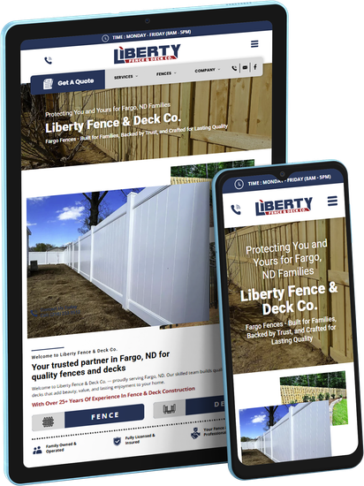 Two mobile screens showing Liberty Fence & Deck Co. website with fence installation photos