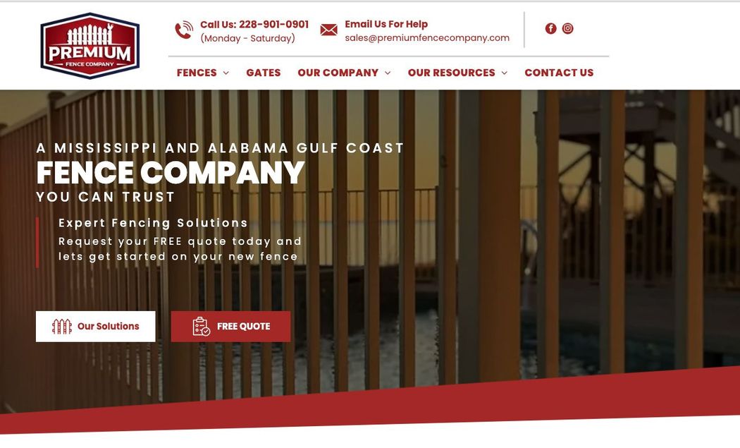 Website homepage for a fence company, showing a large fence and red call-to-action buttons.