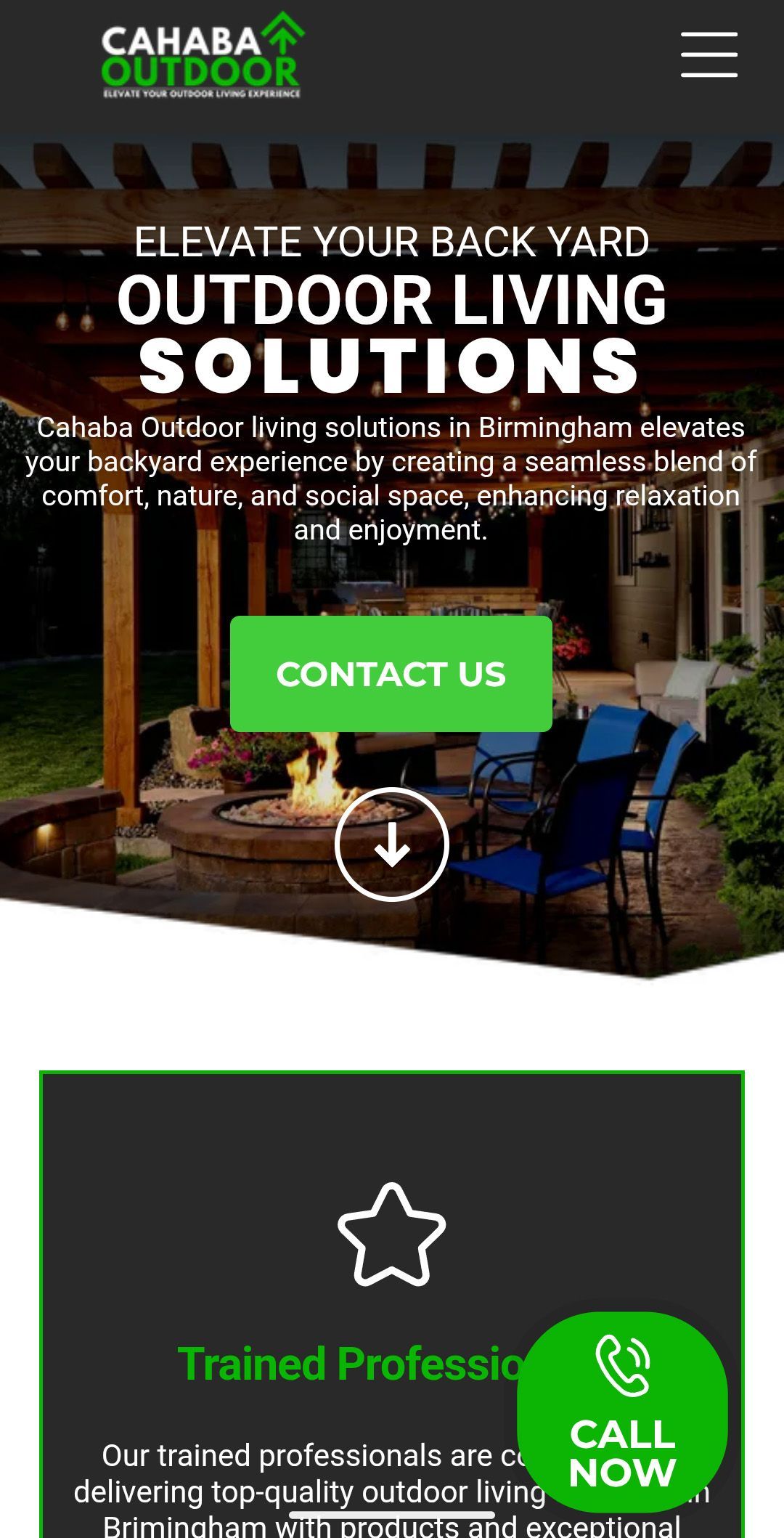 Mobile website hero for Cahaba Turf: outdoor living solutions with a green “Contact Us” button and patio scene