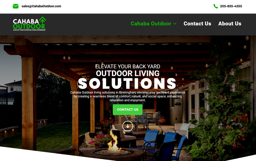 Outdoor living solutions website homepage with patio seating and green “Contact Us” button
