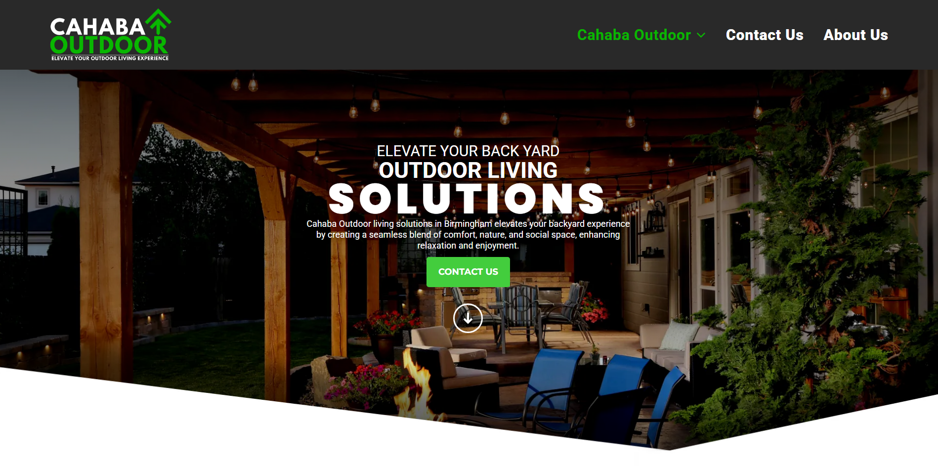 Dark patio with outdoor furniture under a lit pergola, featuring a “Custom Outdoor Living Solutions” website hero banner
