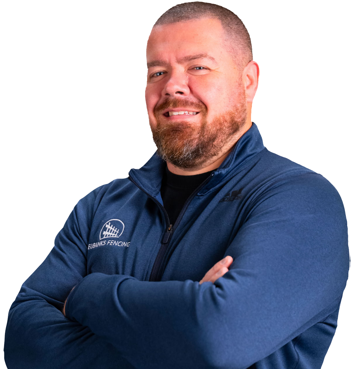 Man in a white Brand Builders T-shirt against a white background, smiling.