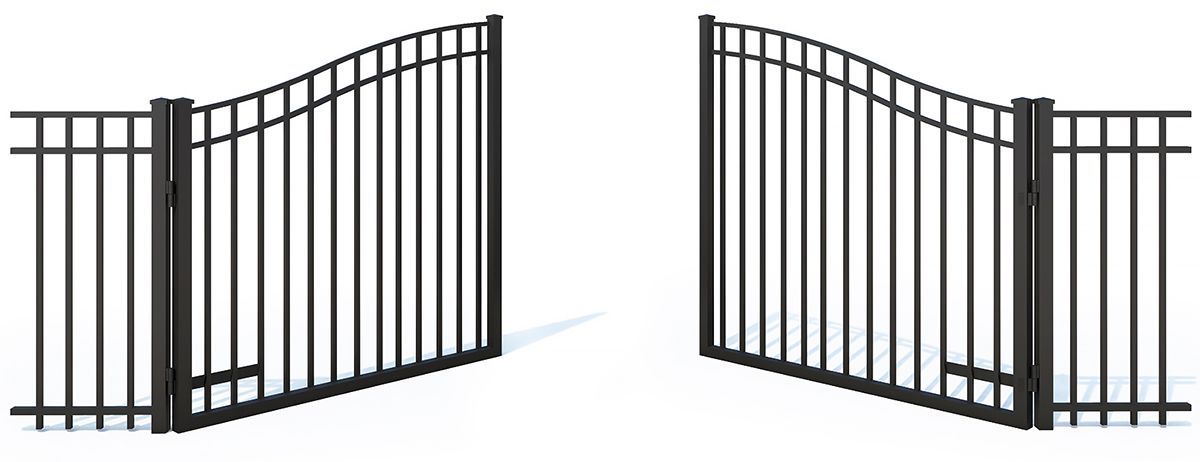 Black metal double gate panels with curved tops, shown open on a white background