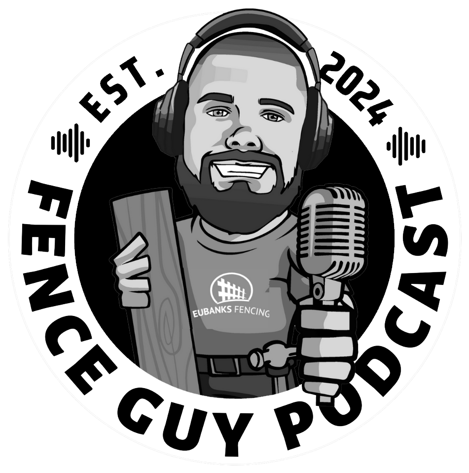 Black-and-white podcast logo with a smiling bearded host, microphone, headphones, and “Fence Guy Podcast” text