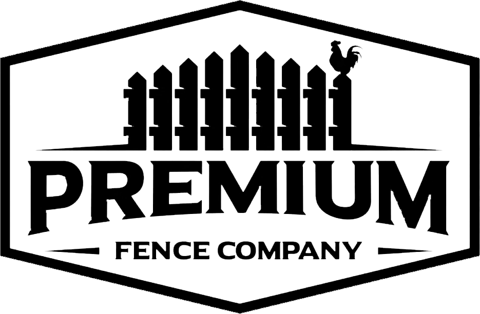 Black-and-white Premium Fence Company logo with fence graphic and small dog silhouette