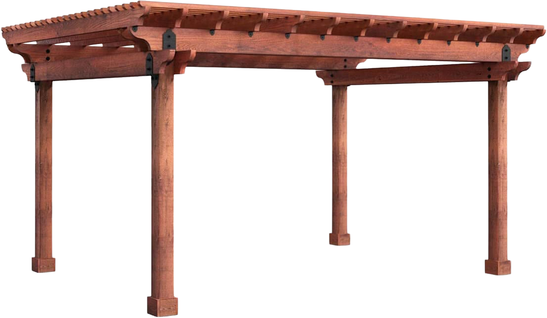 Wooden pergola with four posts and slatted roof, isolated on a white background