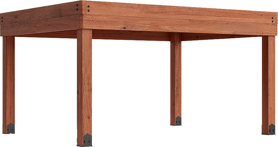 Wooden rectangular table with four legs and metal foot caps on a white background