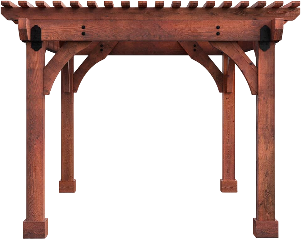 Wooden pergola with four posts and a slatted roof, isolated on a white background