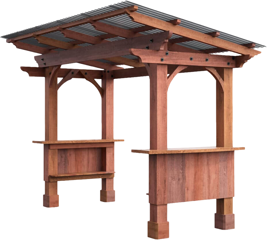 Wooden outdoor kiosk with pitched roof and built-in counters, shown on a white background
