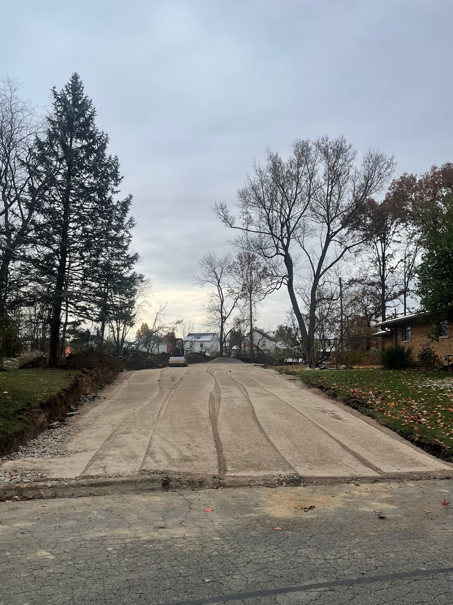 Concrete road rising through a wooded area under a cloudy sky