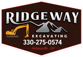 Ridgeway Excavating logo with bulldozer, mountains, phone number, and Holmesville, OH on a dark sign