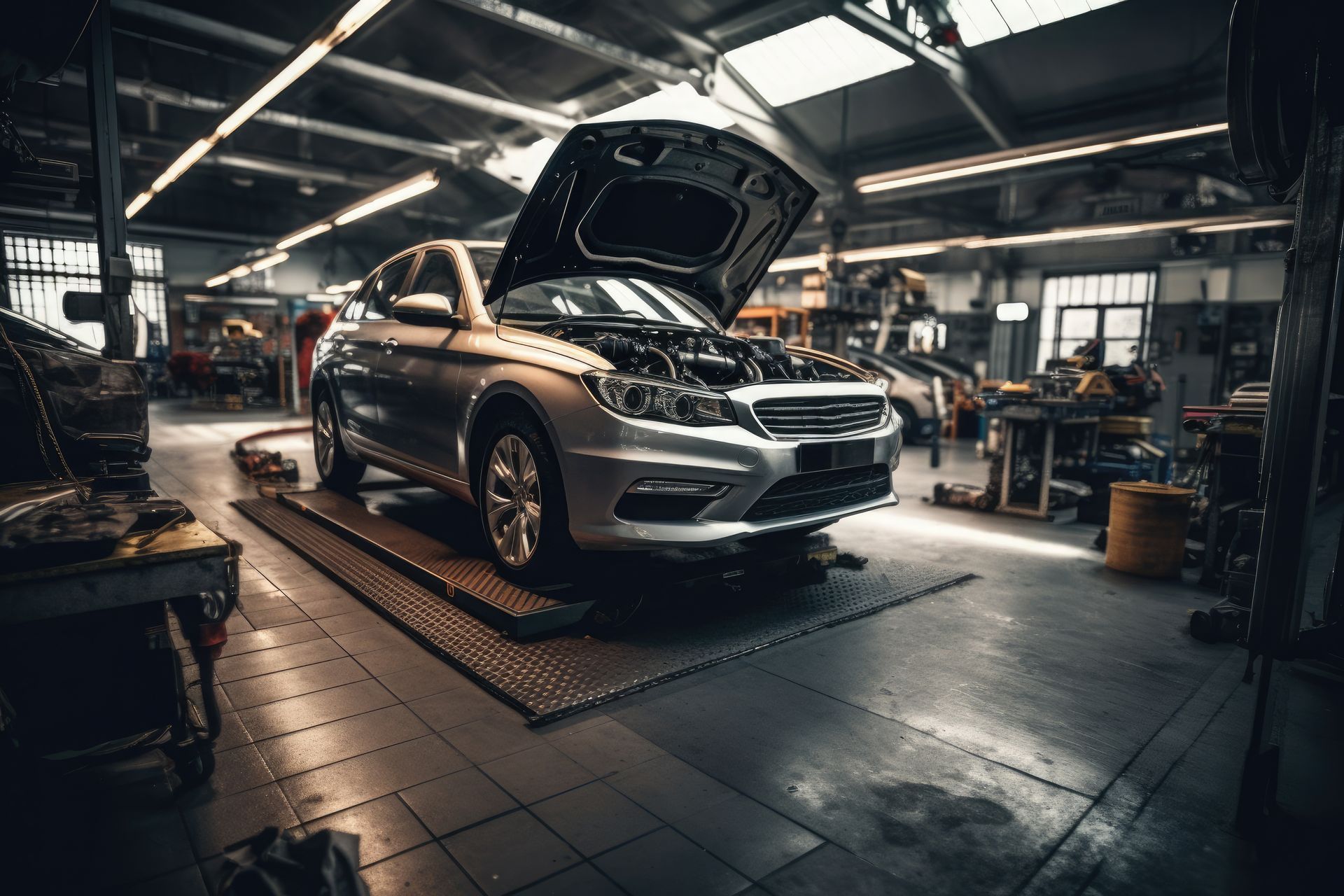 Car maintenance service in the background of a car repair facility.