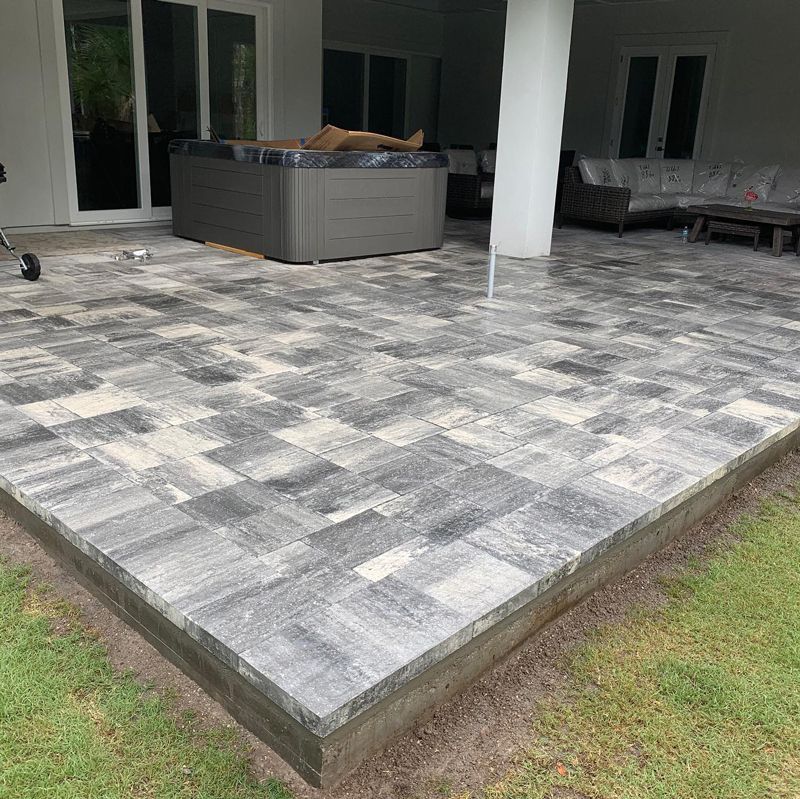 A patio with stone pavement.