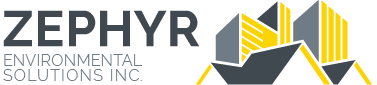 Logo for Zephyr Environmental Solutions Inc., with text and abstract shapes in gray and yellow.