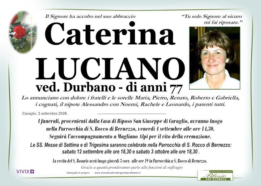 necrologio LUCIANO Caterina ved. Durbano