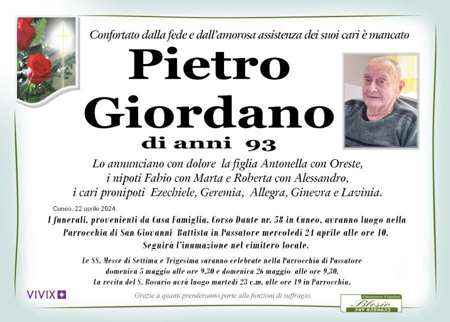 necrologio GIORDANO Pietro