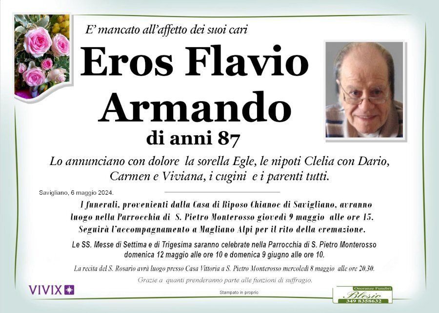 necrologio ARMANDO Eros Flavio