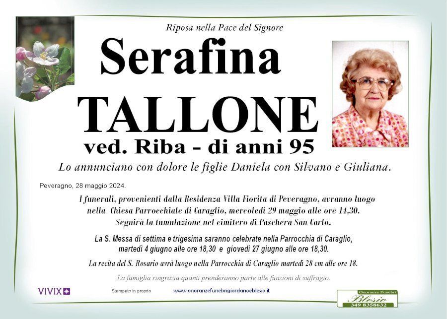 necrologio TALLONE Serafina ved. Riba