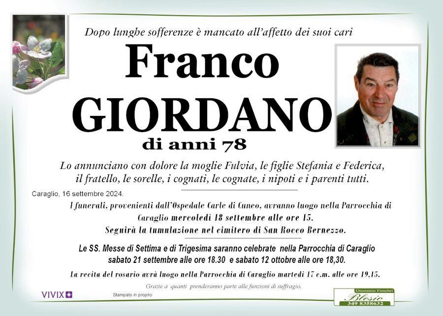 necrologio GIORDANO Franco