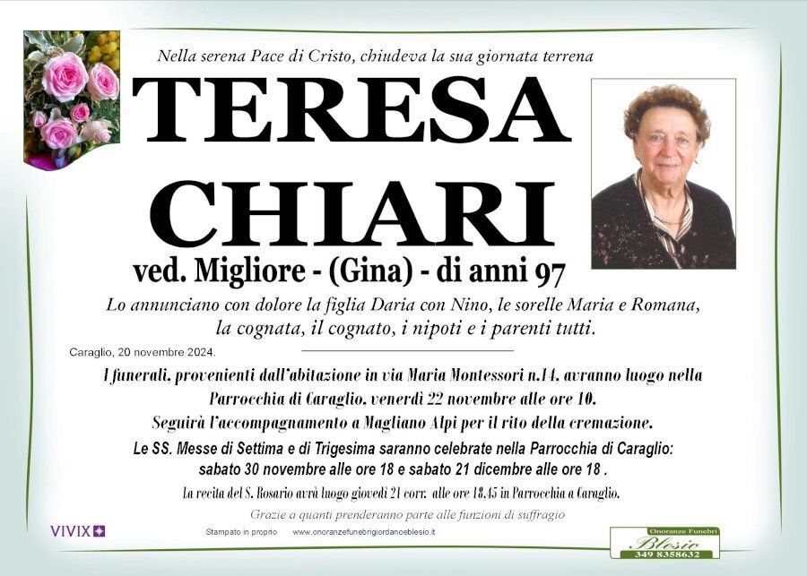 necrologio CHIARI Teresa ved. Migliore
