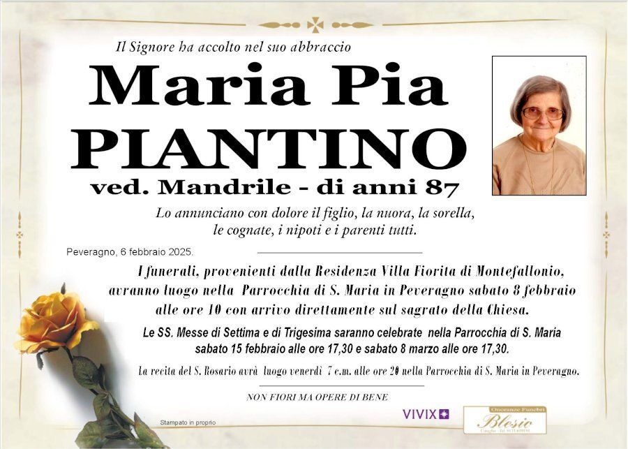necrologio PIANTINO Maria Pia ved. Mandrile