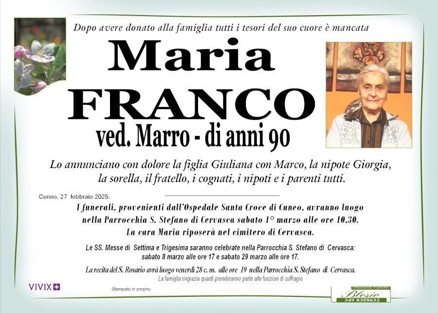 necrologio FRANCO Maria ved. Marro