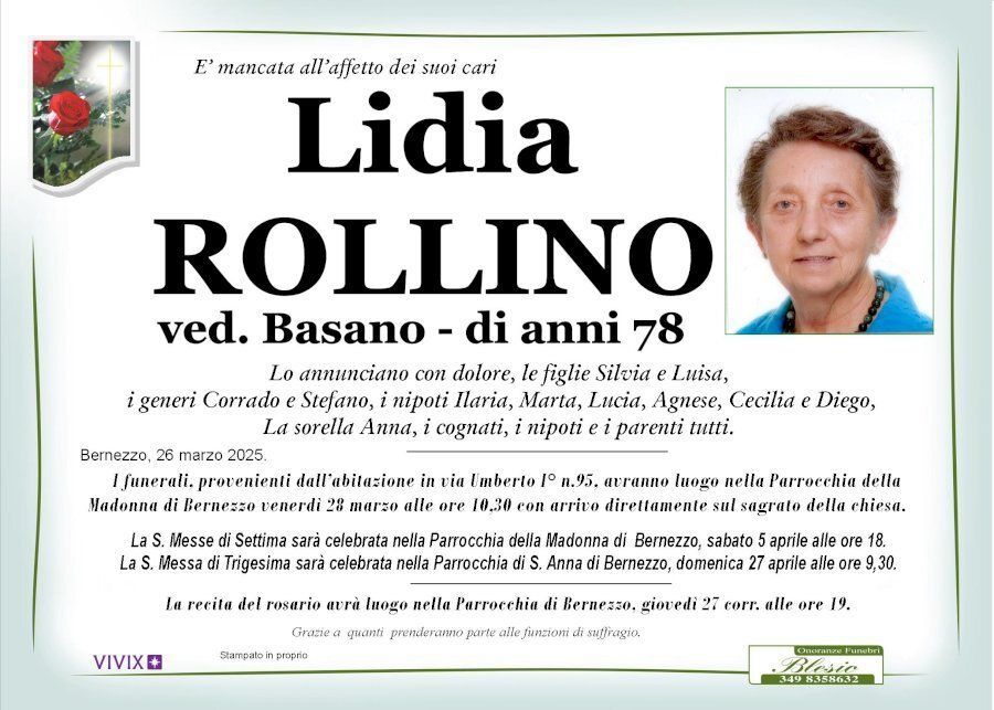 necrologio ROLLINO Lidia ved. Basano