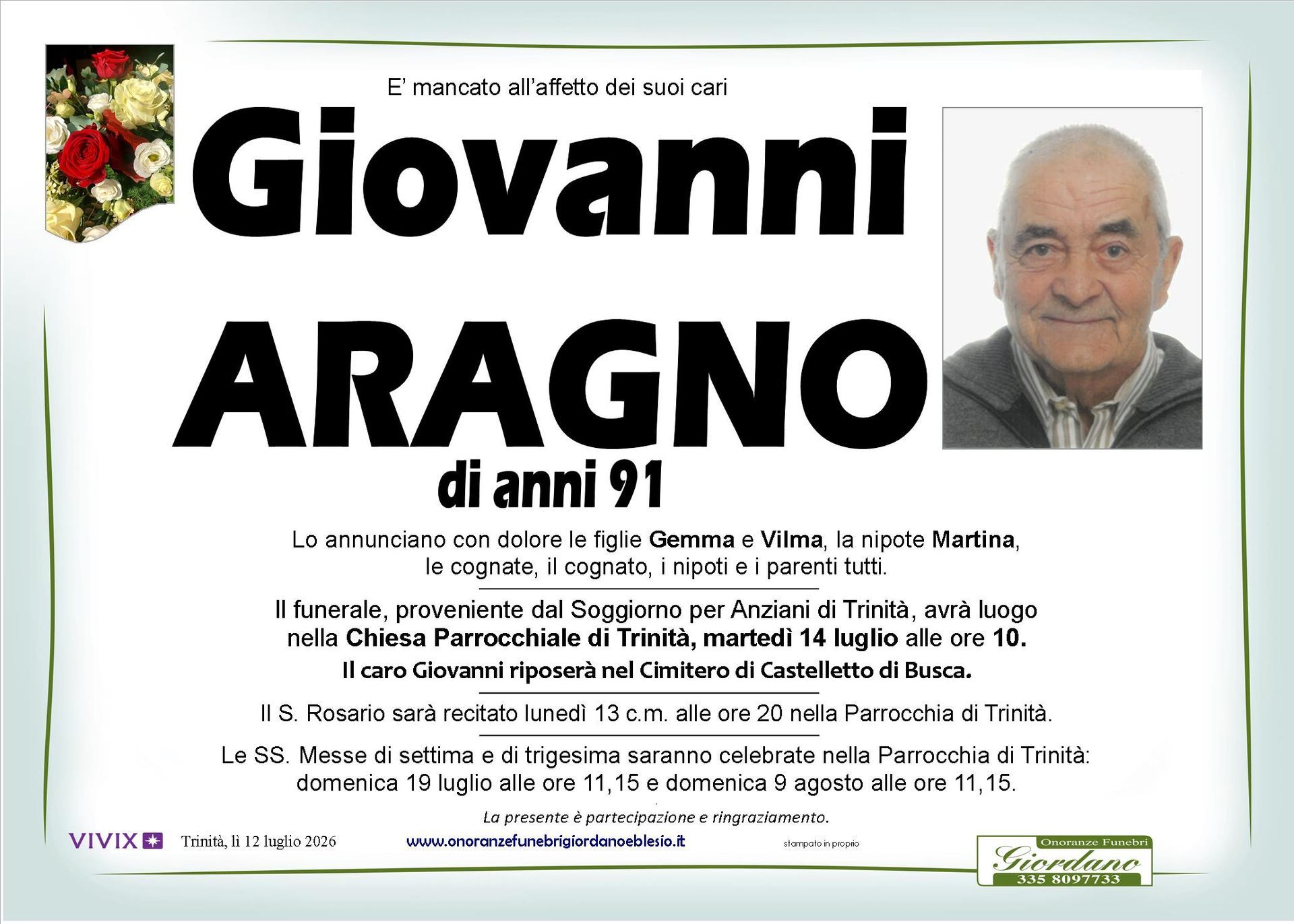 necrologio ARAGNO Giovanni