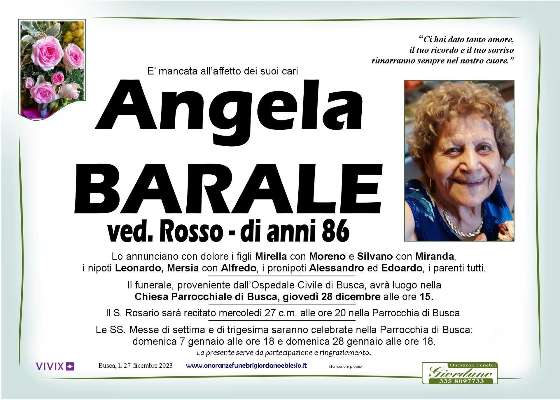 necrologio BARALE Angela ved. Rosso