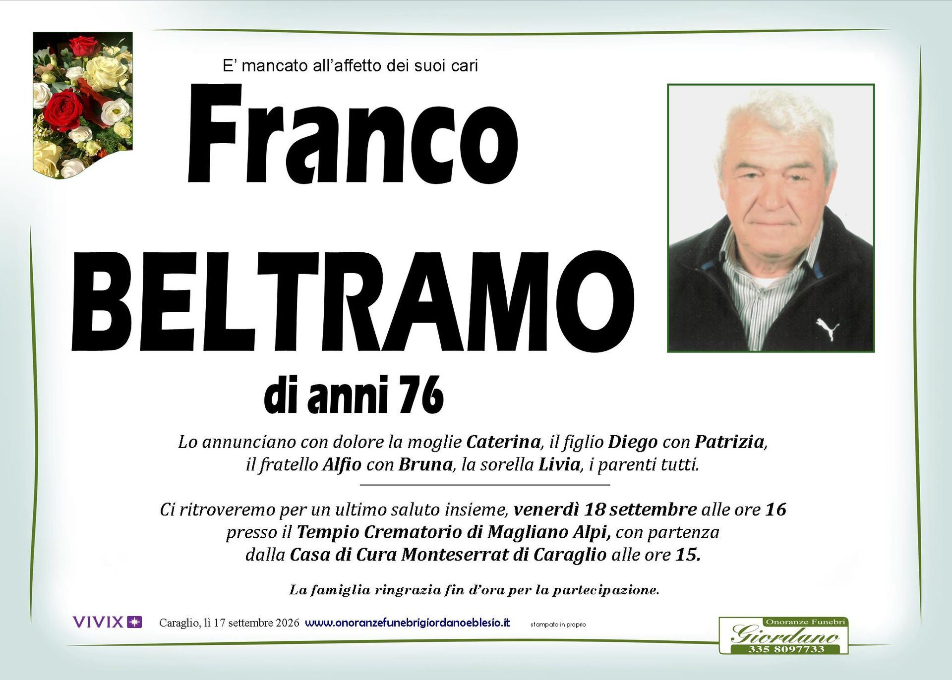 necrologio BELTRAMO Franco
