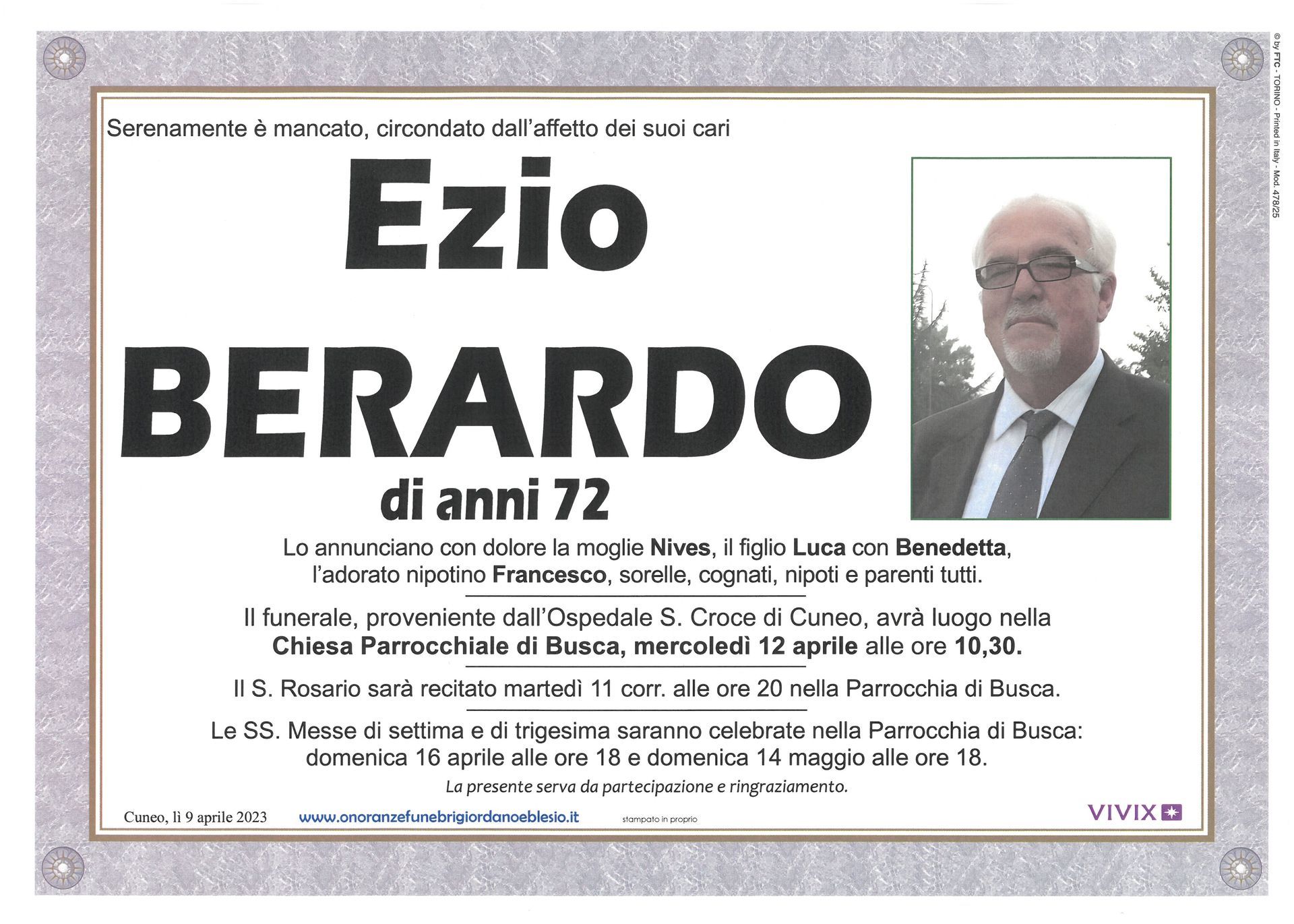 necrologio BERARDO Ezio