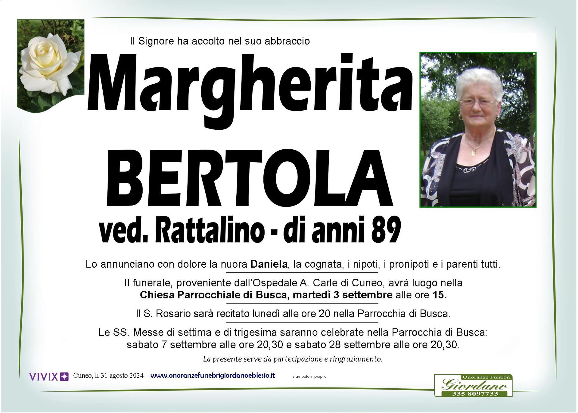 necrologio BERTOLA Margherita ved. Rattalino