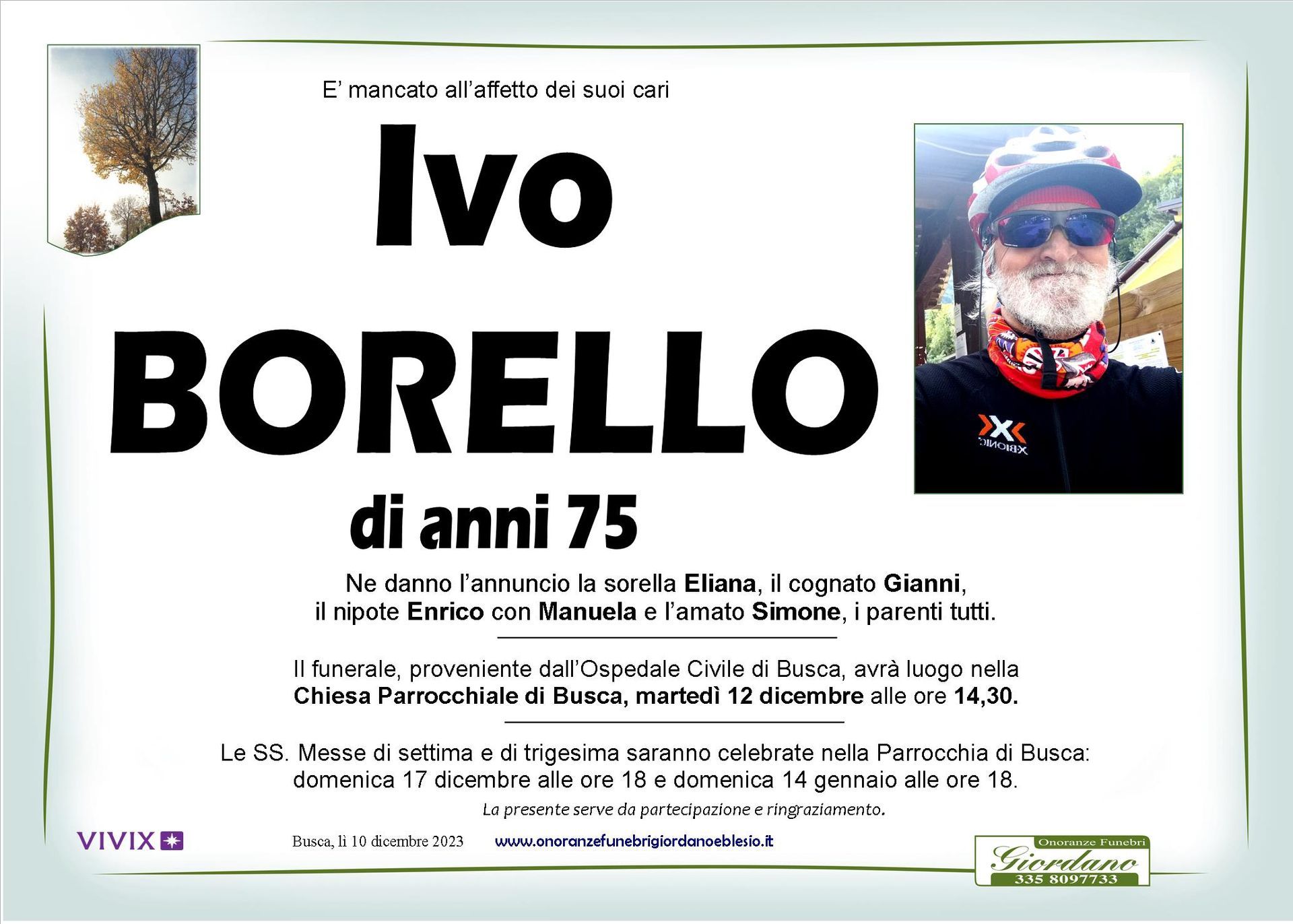necrologio BORELLO Ivo