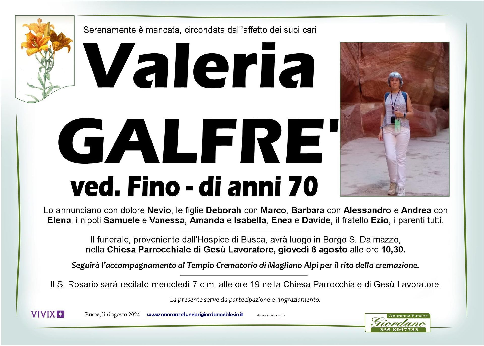 necrologio GALFRE' Valeria ved. Fino