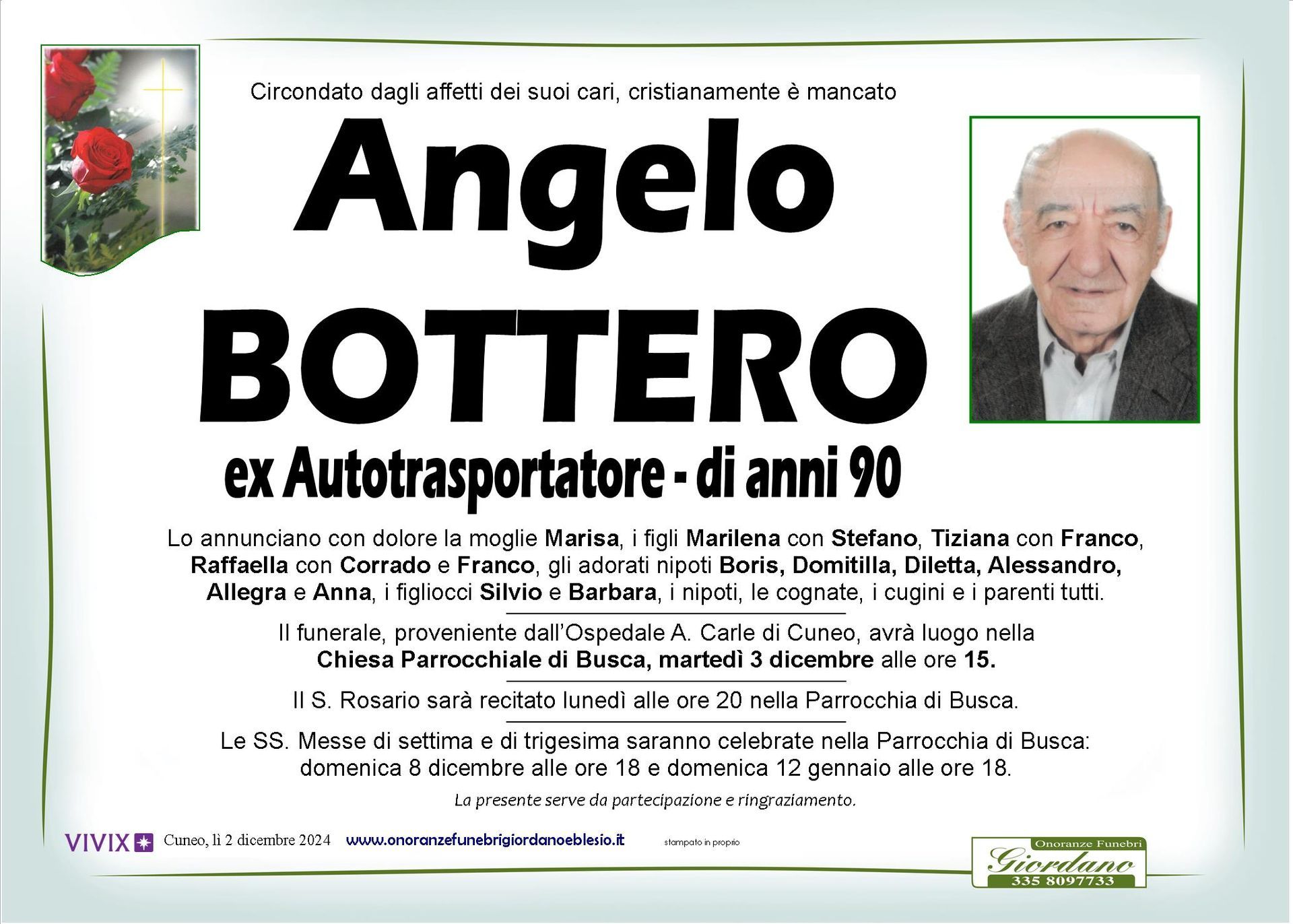 necrologio BOTTERO Angelo
