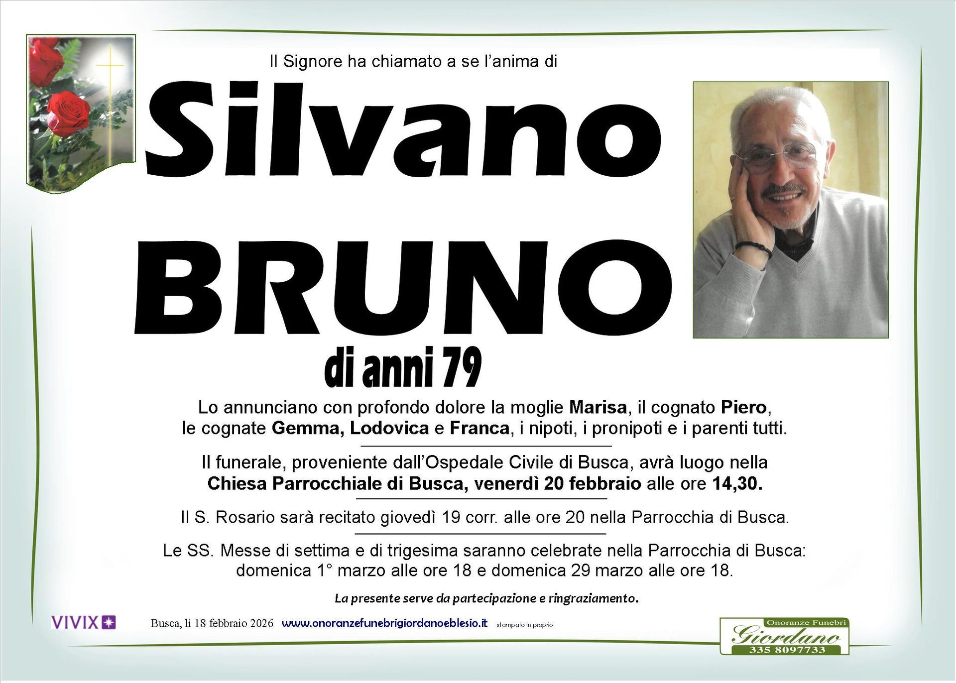 necrologio BRUNO Silvano