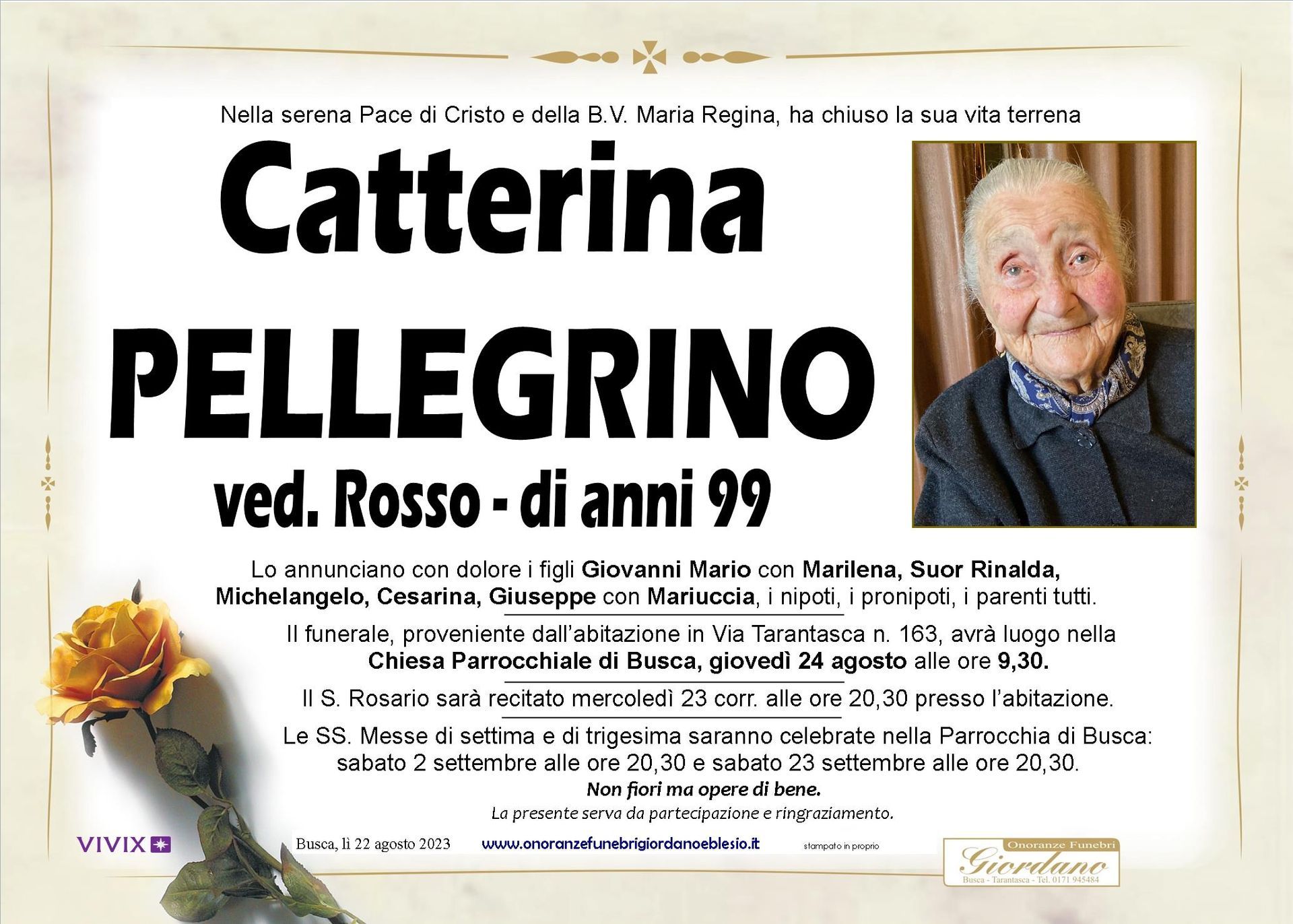 necrologio PELLEGRINO Catterina ved. Rosso
