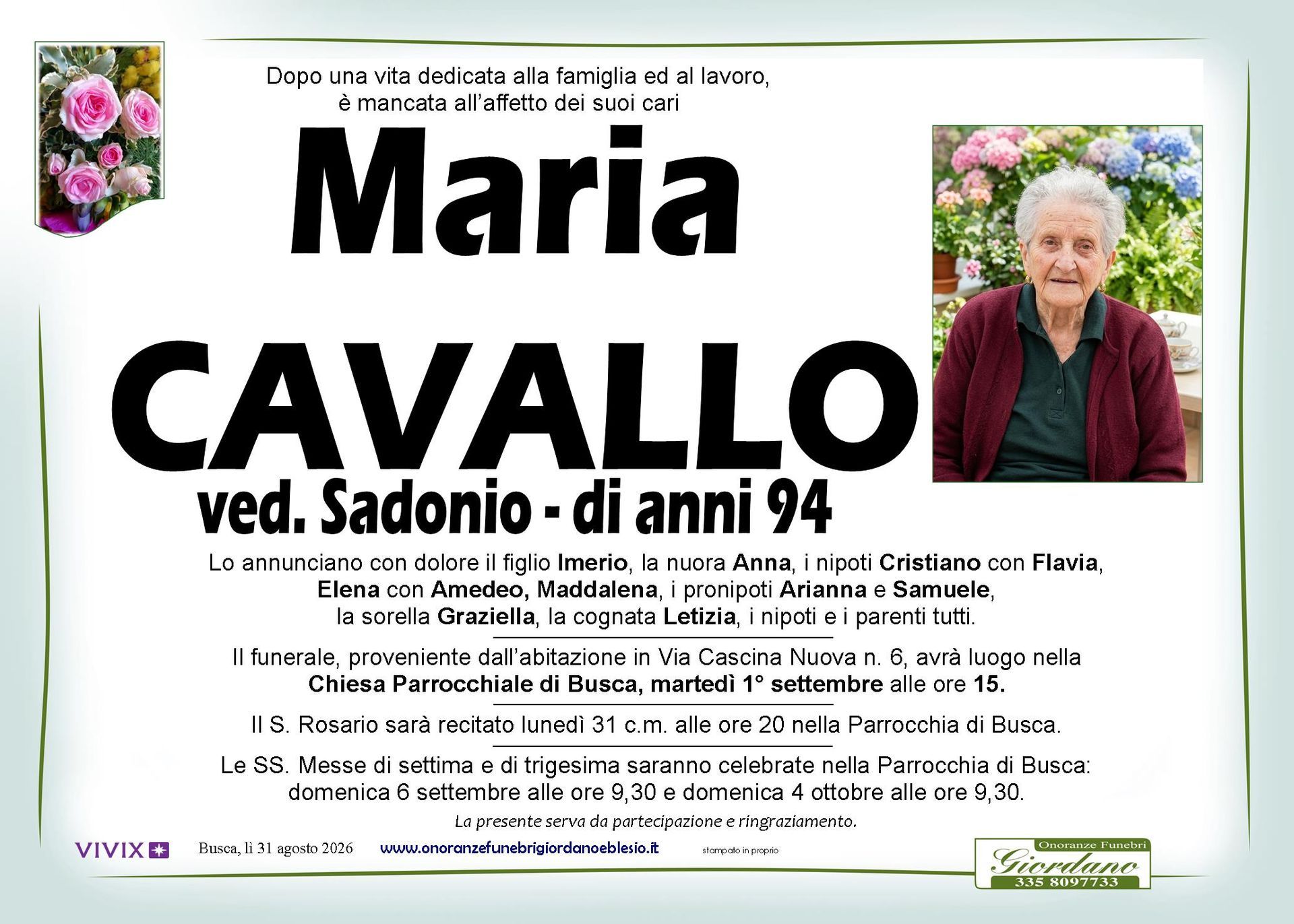 necrologio CAVALLO Maria ved. Sadonio