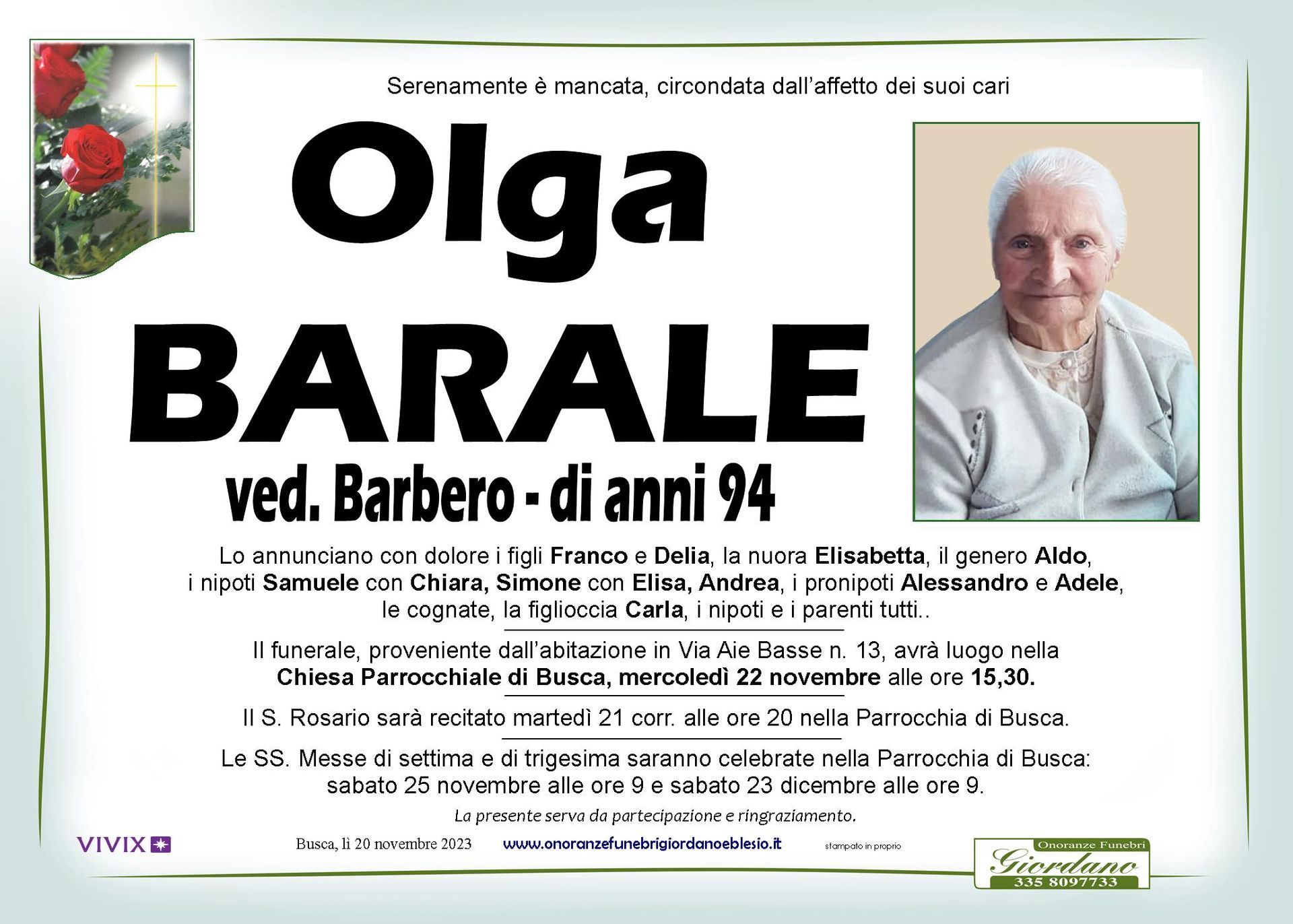 necrologio BARALE Olga ved. Barbero