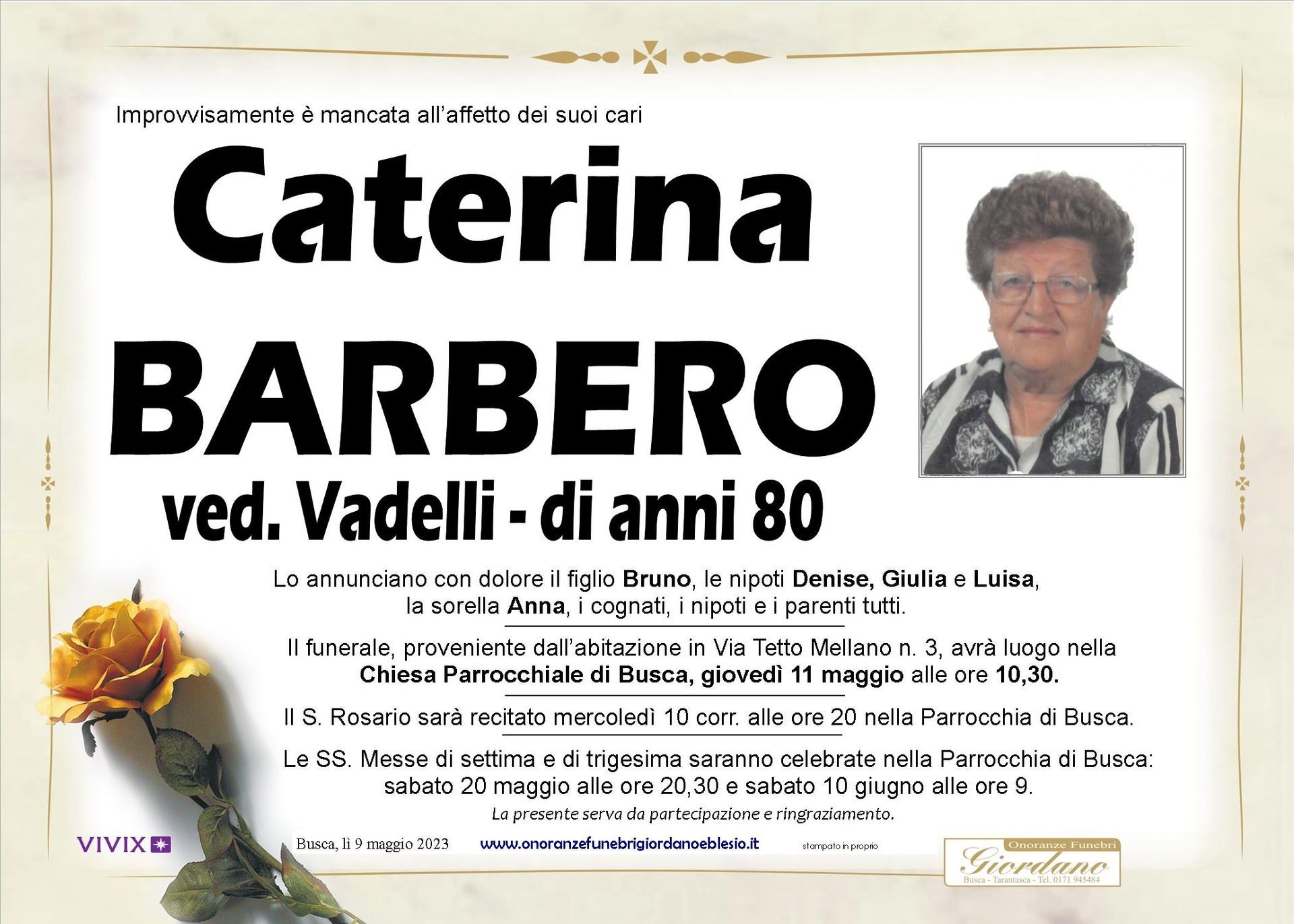 necrologio BARBERO Caterina ved. Vadelli