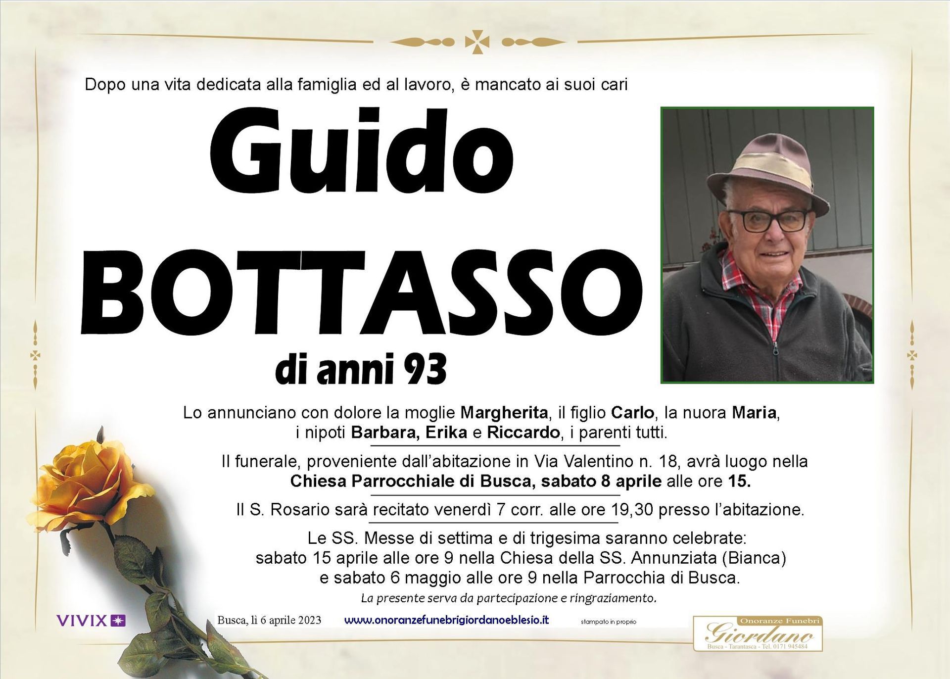 necrologio BOTTASSO Guido