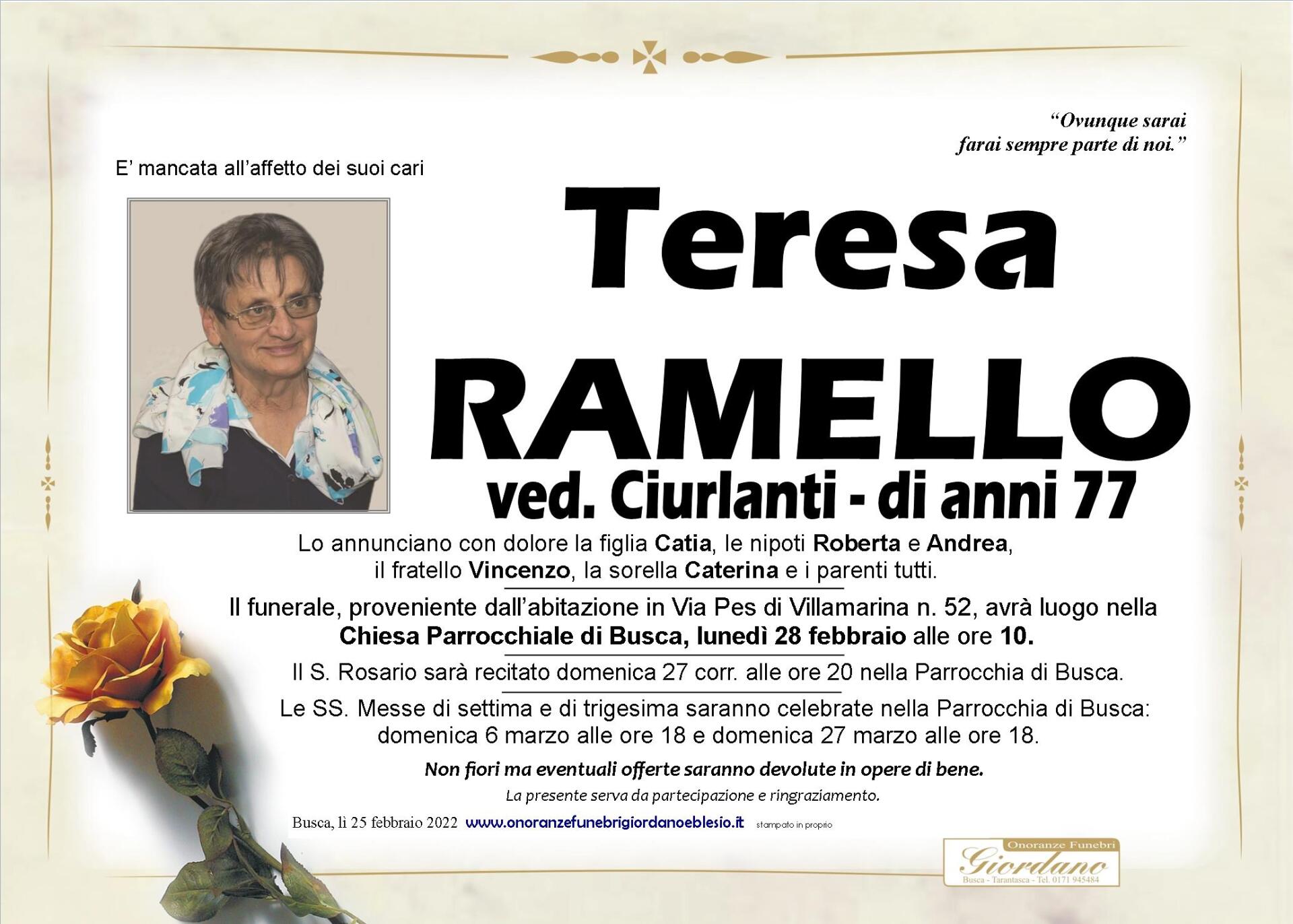 necrologio RAMELLO Teresa ved. Ciurlanti