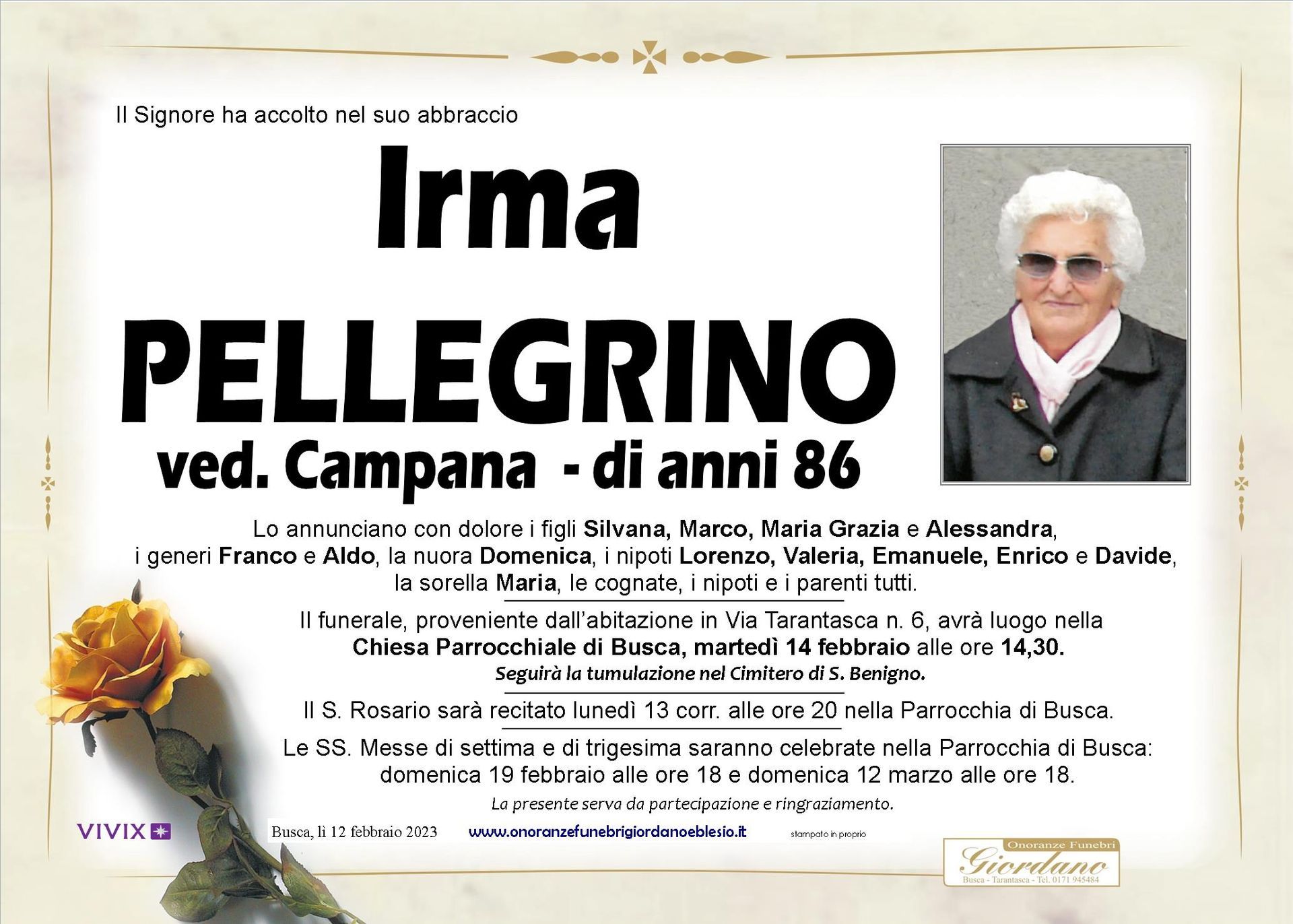 necrologio PELLEGRINO IRMA ved. Campana