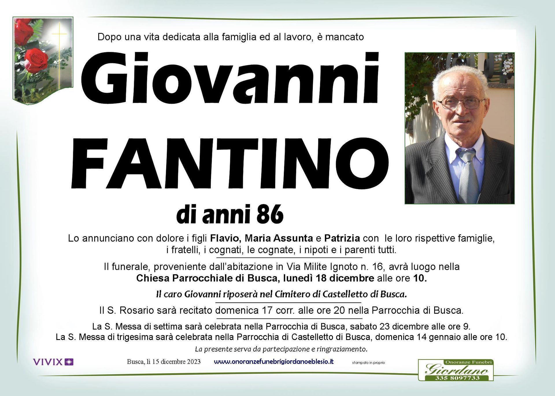 necrologio FANTINO Giovanni