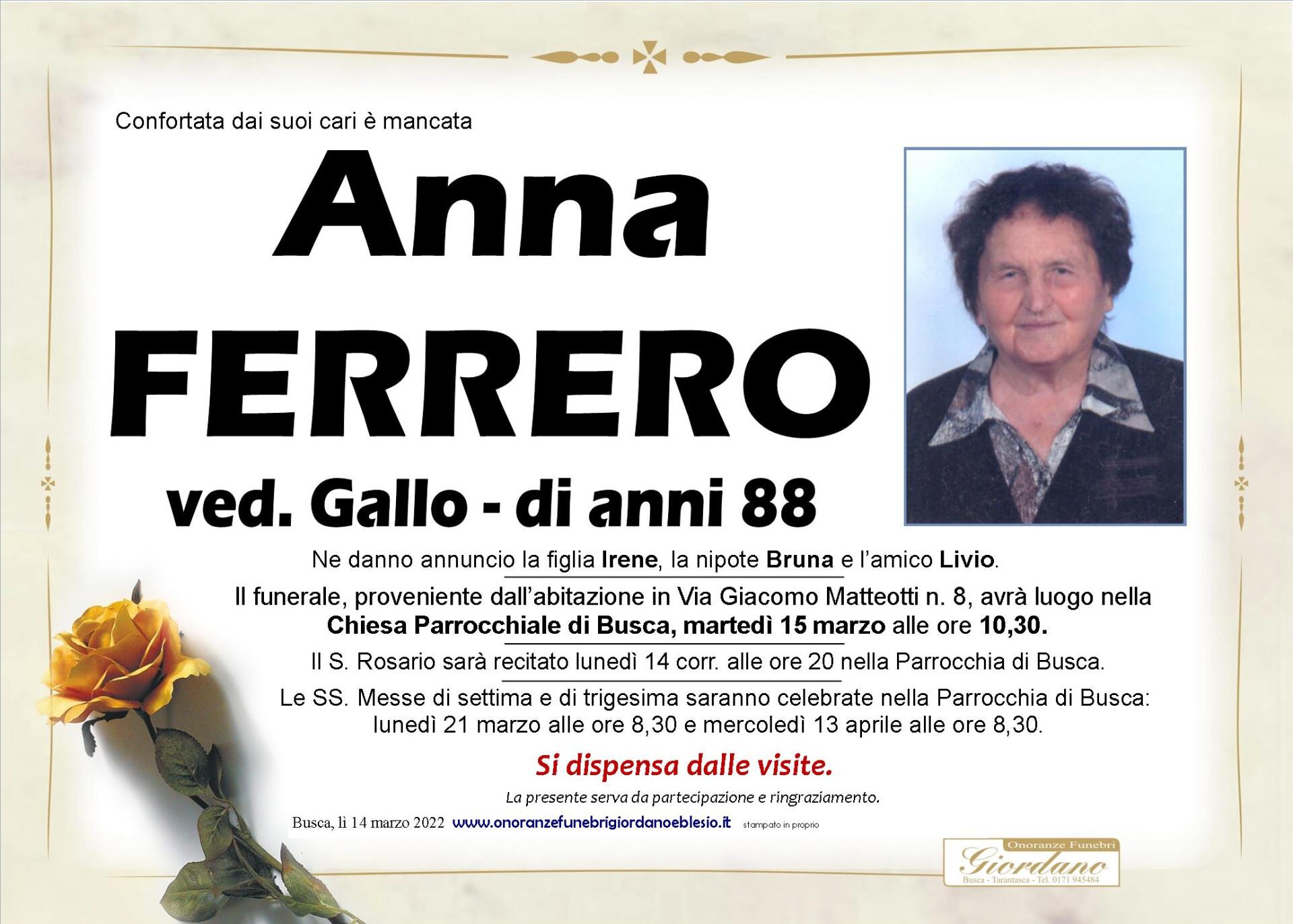 necrologio FERRERO Anna ved. Gallo