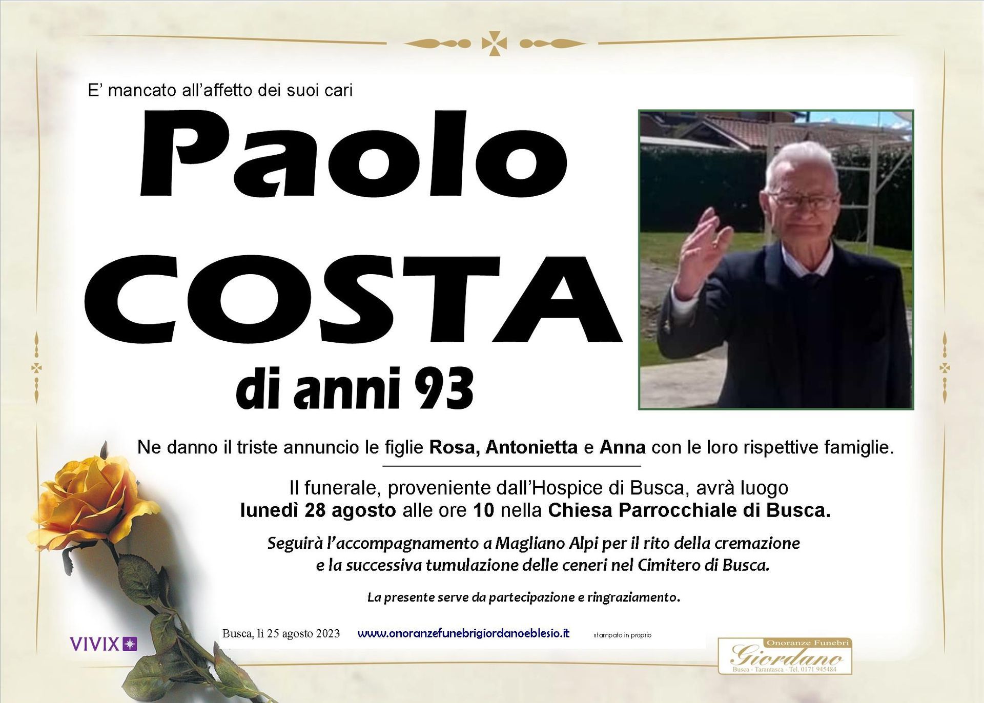 necrologio COSTA Paolo