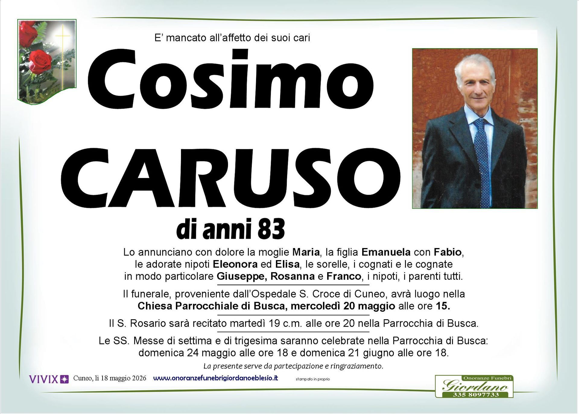 necrologio CARUSO Cosimo